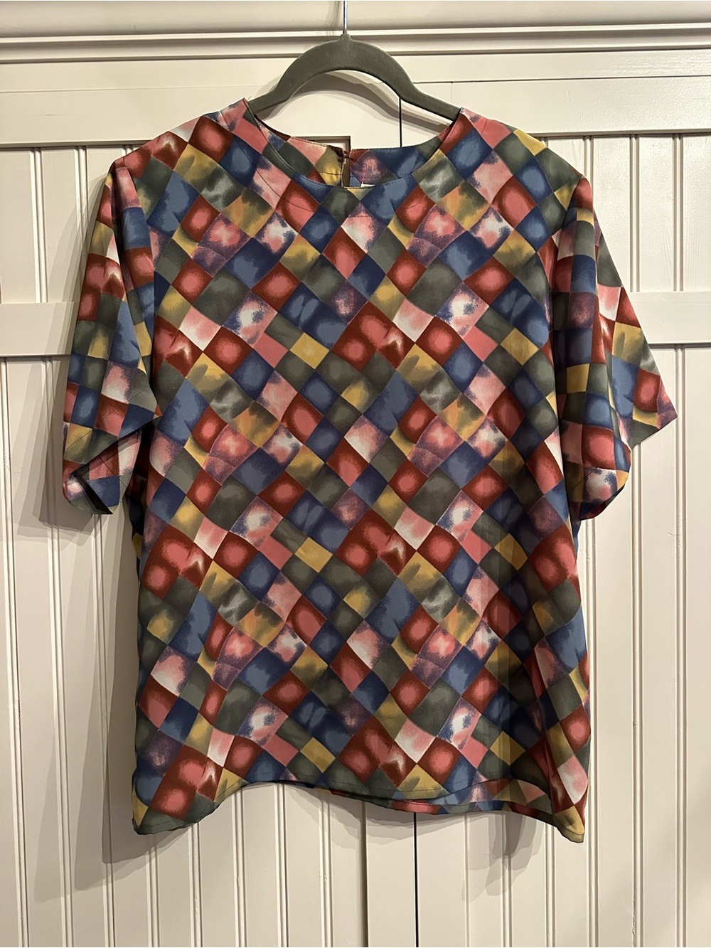 VTG Kathy Che Harlequin Diamond Check Blouse L 80s
